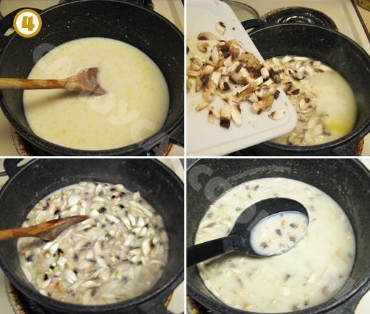 Cho nước gà vào rồi cho nấm và đun cho súp chín sệt sánh