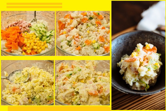 Các bước trộn khoai tây nghiền với nguyên liệu rau củ, thịt giăm bông kiểu cổ điển của Nhật.