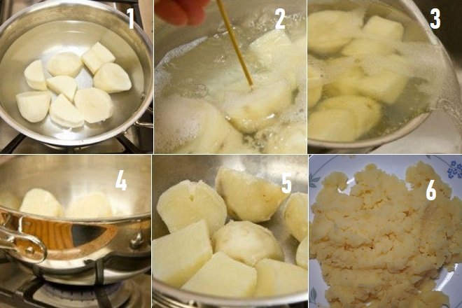 Các bước luộc khoai tây, làm khô và tán nhuyễn với muối.